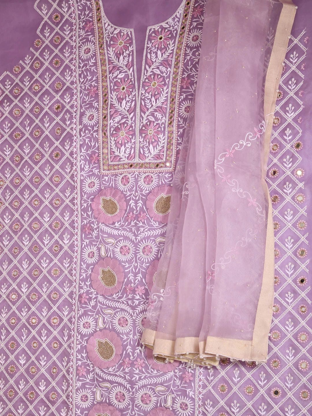 Ada Hand Embroidered Lavender Organza Lucknowi Chikankari Unstitched Kurta Dupatta Set With Pearl Work 01A358458