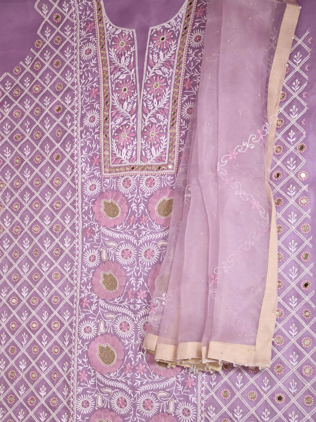 Ada Hand Embroidered Lavender Organza Lucknowi Chikankari Unstitched Kurta Dupatta Set With Pearl Work 01A358458