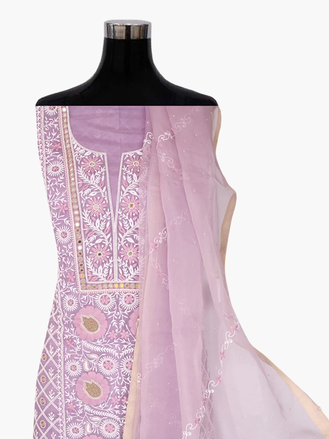 Ada Hand Embroidered Lavender Organza Lucknowi Chikankari Unstitched Kurta Dupatta Set With Pearl Work 01A358458