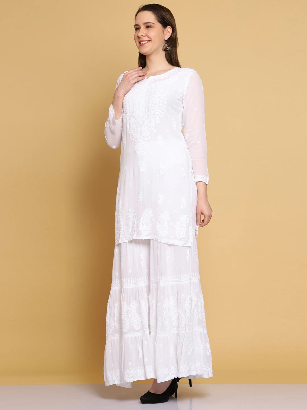 Ada Hand Embroidered Viscose Georgette Lucknowi Chikankari White Kurta Dupatta And Sharara Set A811227