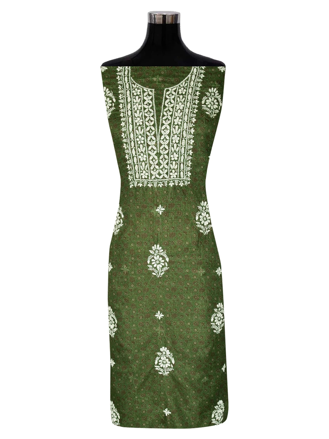 Ada Hand Embroidered Green Floral Printed Kota Lucknowi Chikankari Unstitched Kurta Piece 01A349761