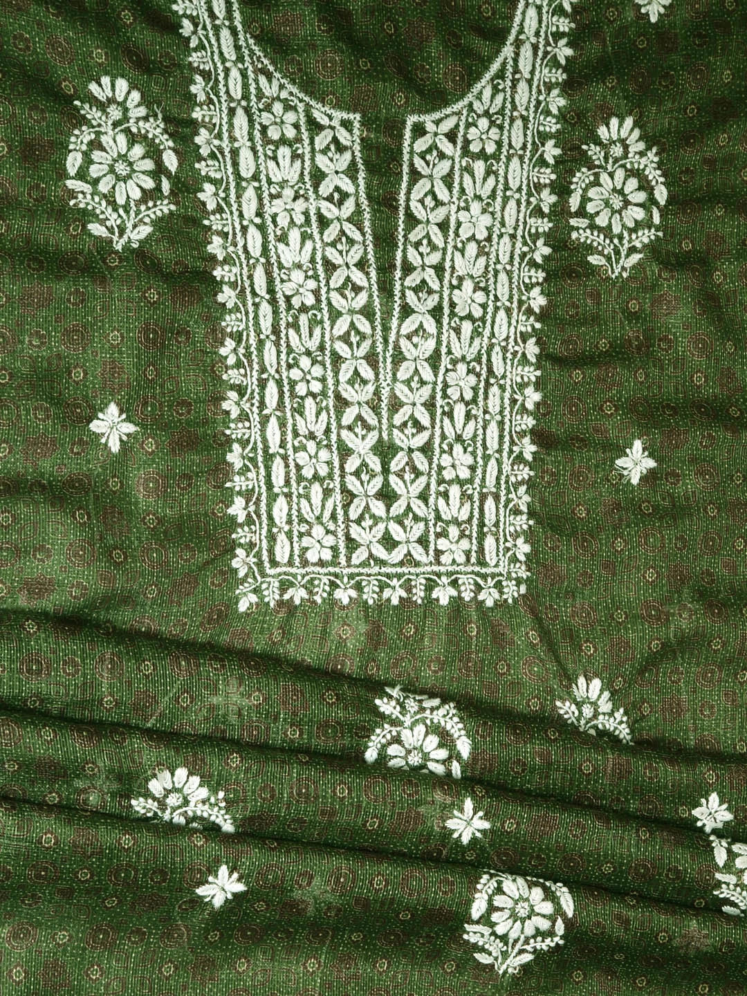Ada Hand Embroidered Green Floral Printed Kota Lucknowi Chikankari Unstitched Kurta Piece 01A349761