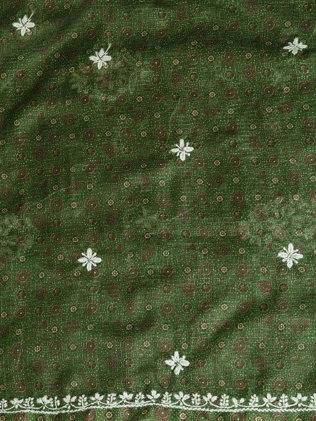 Ada Hand Embroidered Green Floral Printed Kota Lucknowi Chikankari Unstitched Kurta Piece 01A349761
