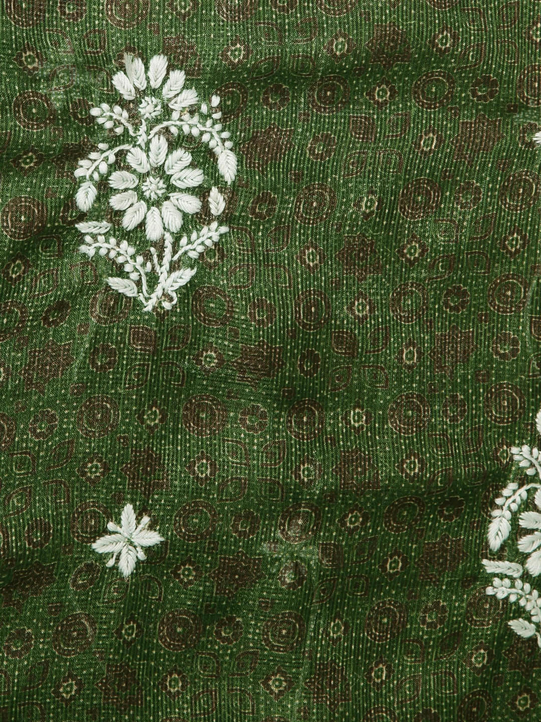 Ada Hand Embroidered Green Floral Printed Kota Lucknowi Chikankari Unstitched Kurta Piece 01A349761
