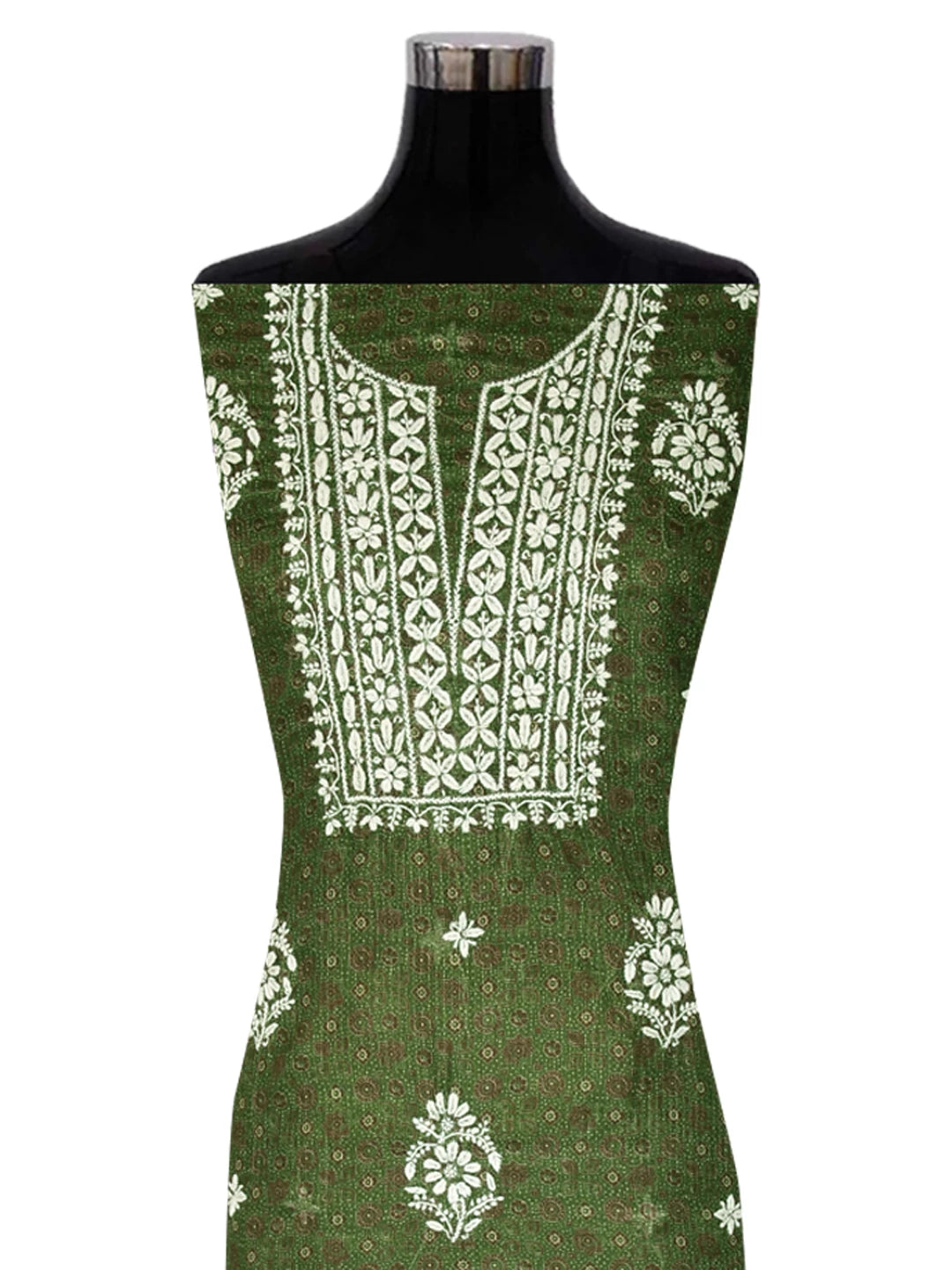Ada Hand Embroidered Green Floral Printed Kota Lucknowi Chikankari Unstitched Kurta Piece 01A349761
