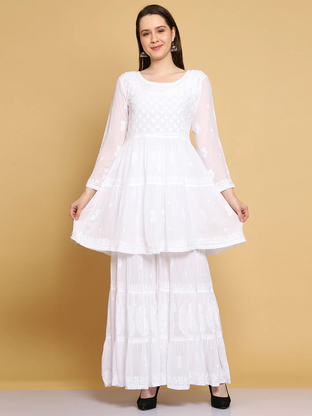 Ada Hand Embroidered Viscose Georgette Lucknowi Chikankari White Kurta Dupatta And Sharara Set A811229