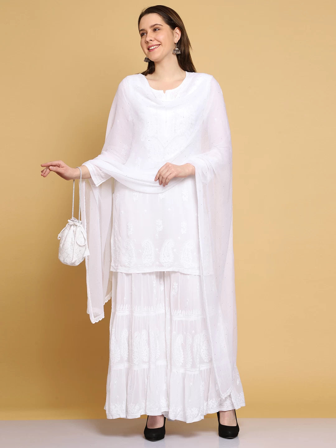 Ada Hand Embroidered Viscose Georgette Lucknowi Chikankari White Kurta Dupatta And Sharara Set A811227