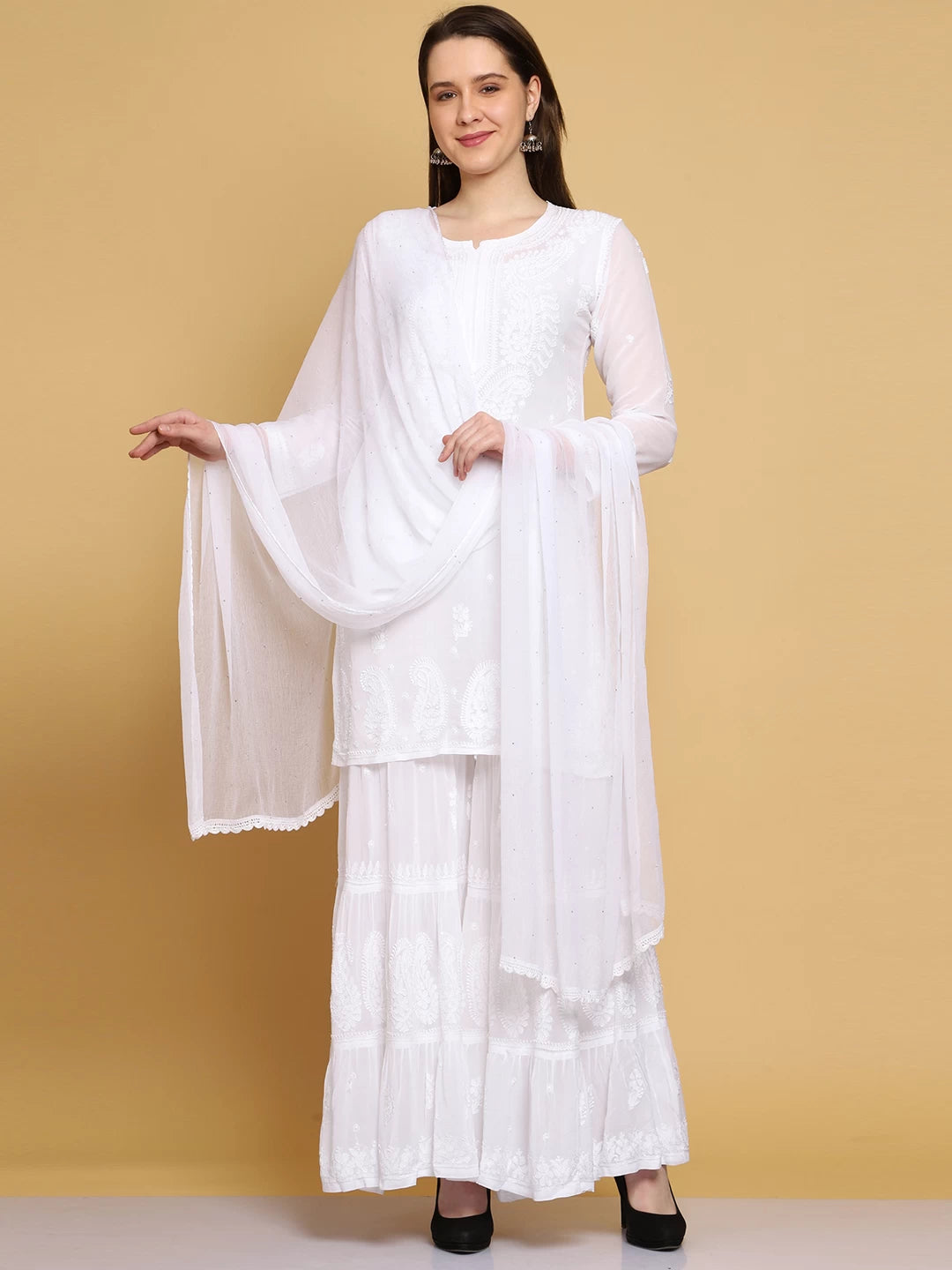Ada Hand Embroidered Viscose Georgette Lucknowi Chikankari White Kurta Dupatta And Sharara Set A811227