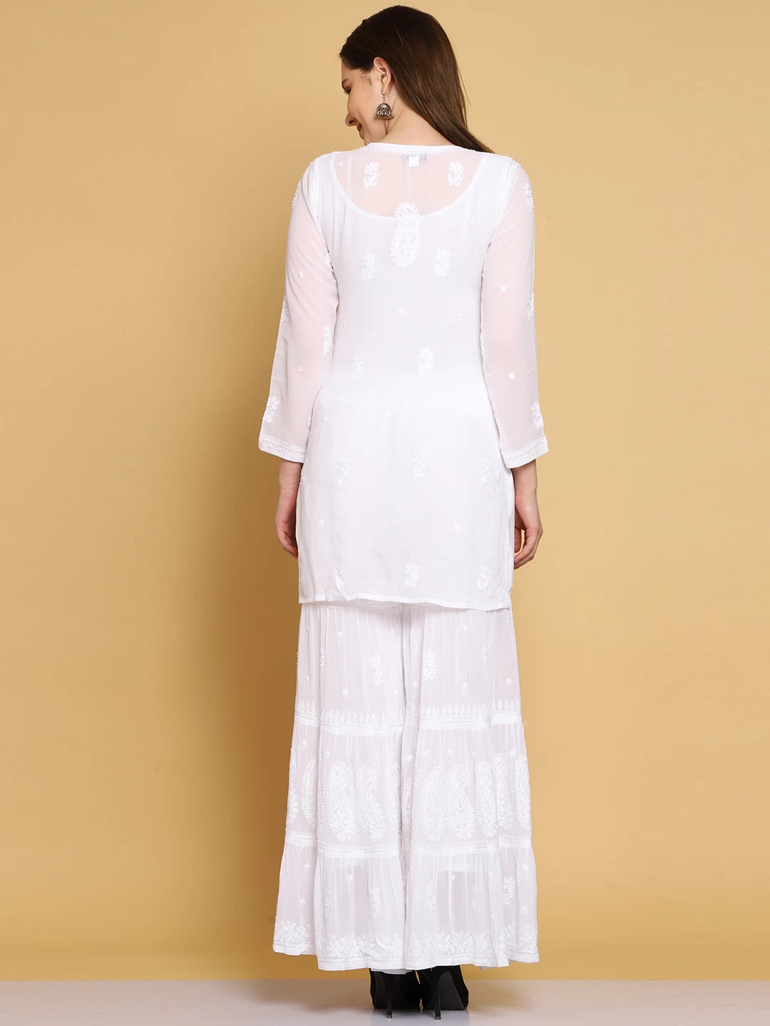 Ada Hand Embroidered Viscose Georgette Lucknowi Chikankari White Kurta Dupatta And Sharara Set A811227