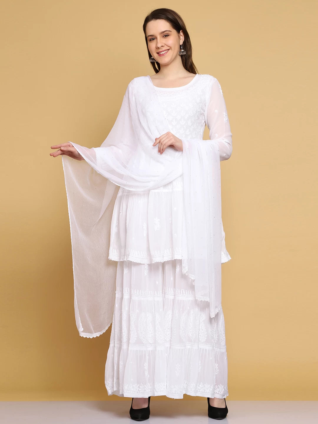 Ada Hand Embroidered Viscose Georgette Lucknowi Chikankari White Kurta Dupatta And Sharara Set A811229