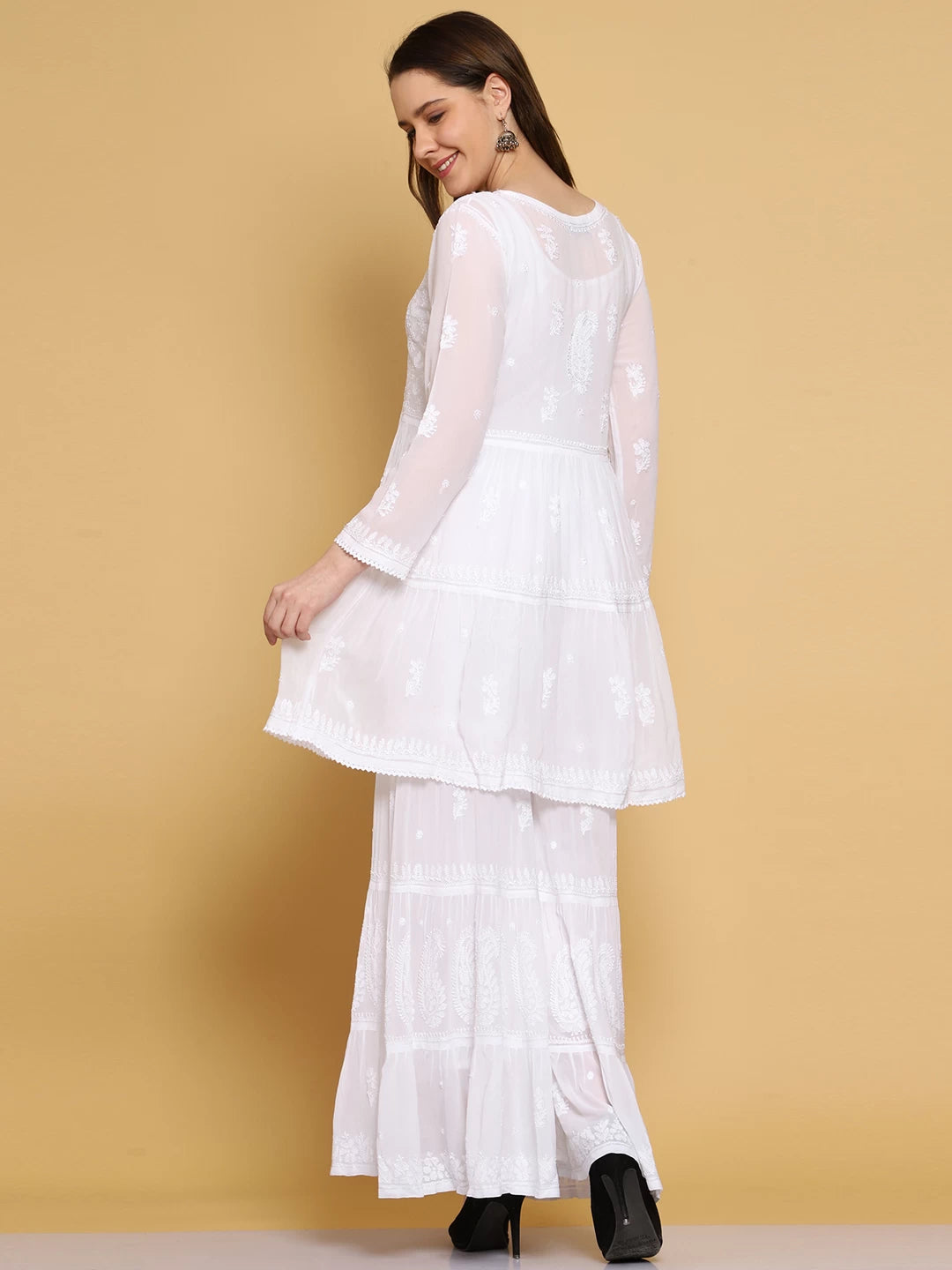 Ada Hand Embroidered Viscose Georgette Lucknowi Chikankari White Kurta Dupatta And Sharara Set A811229