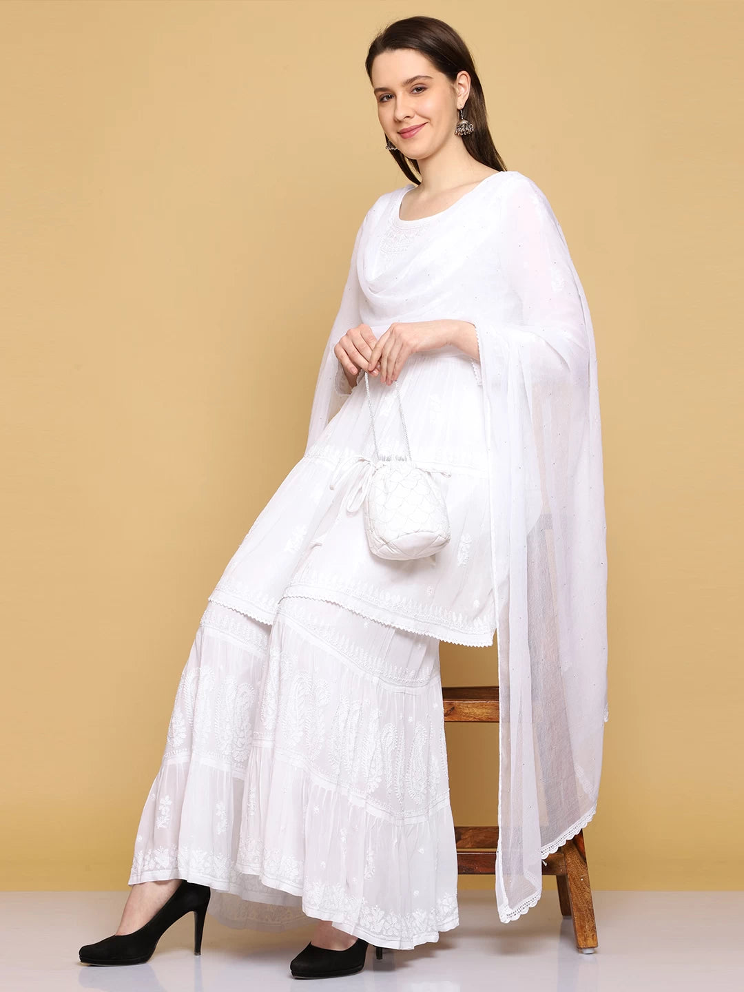 Ada Hand Embroidered Viscose Georgette Lucknowi Chikankari White Kurta Dupatta And Sharara Set A811229
