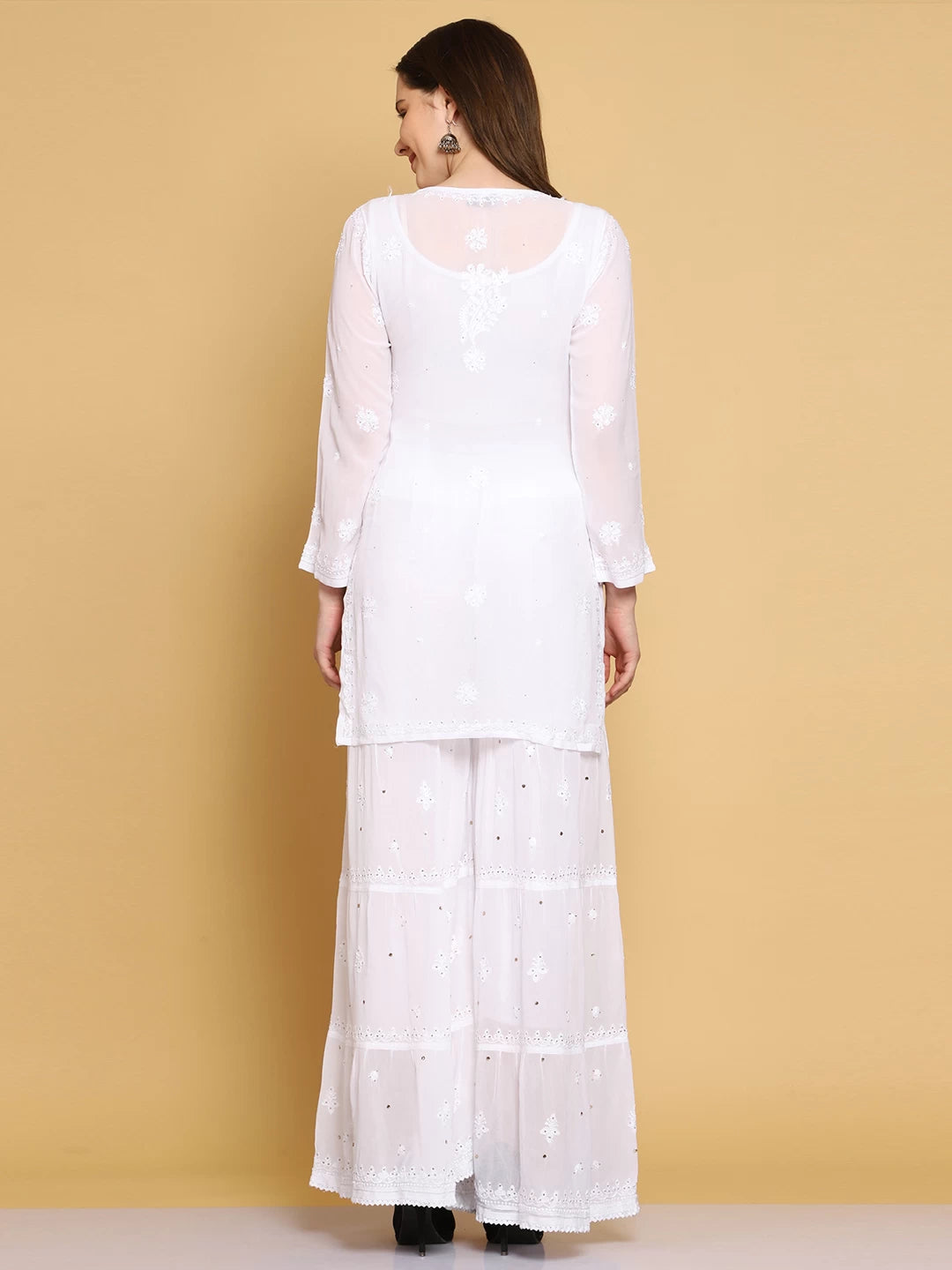 Ada Hand Embroidered Viscose Georgette Lucknowi Chikankari White Straight Kurta Dupatta And Sharara Set With Muqaish Work A811228