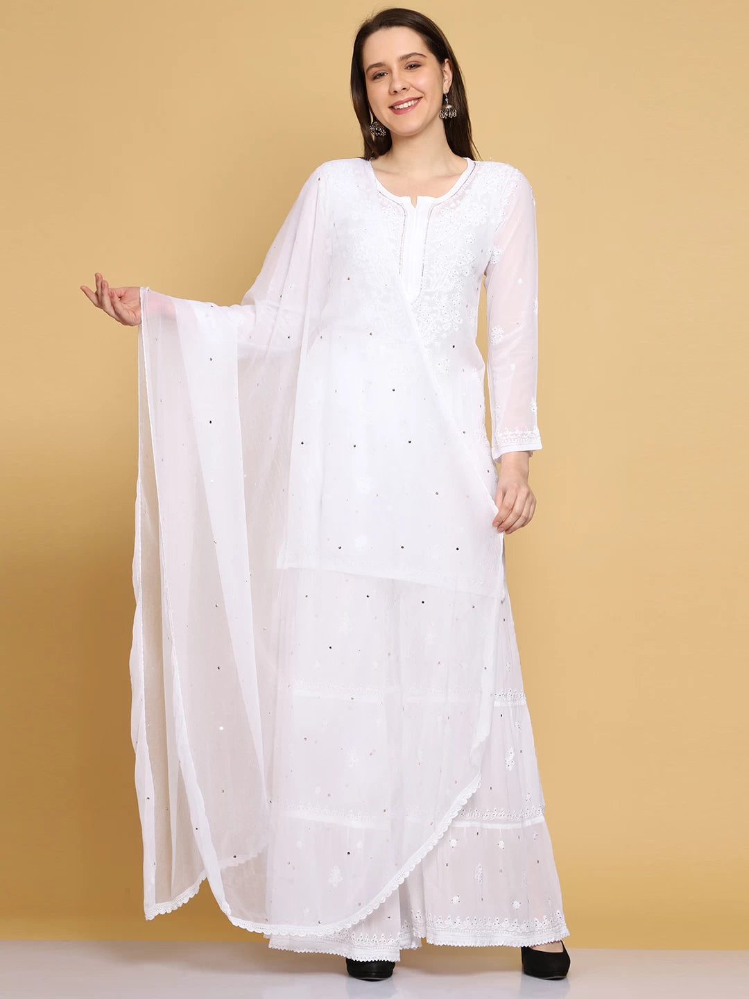 Ada Hand Embroidered Viscose Georgette Lucknowi Chikankari White Straight Kurta Dupatta And Sharara Set With Muqaish Work A811228