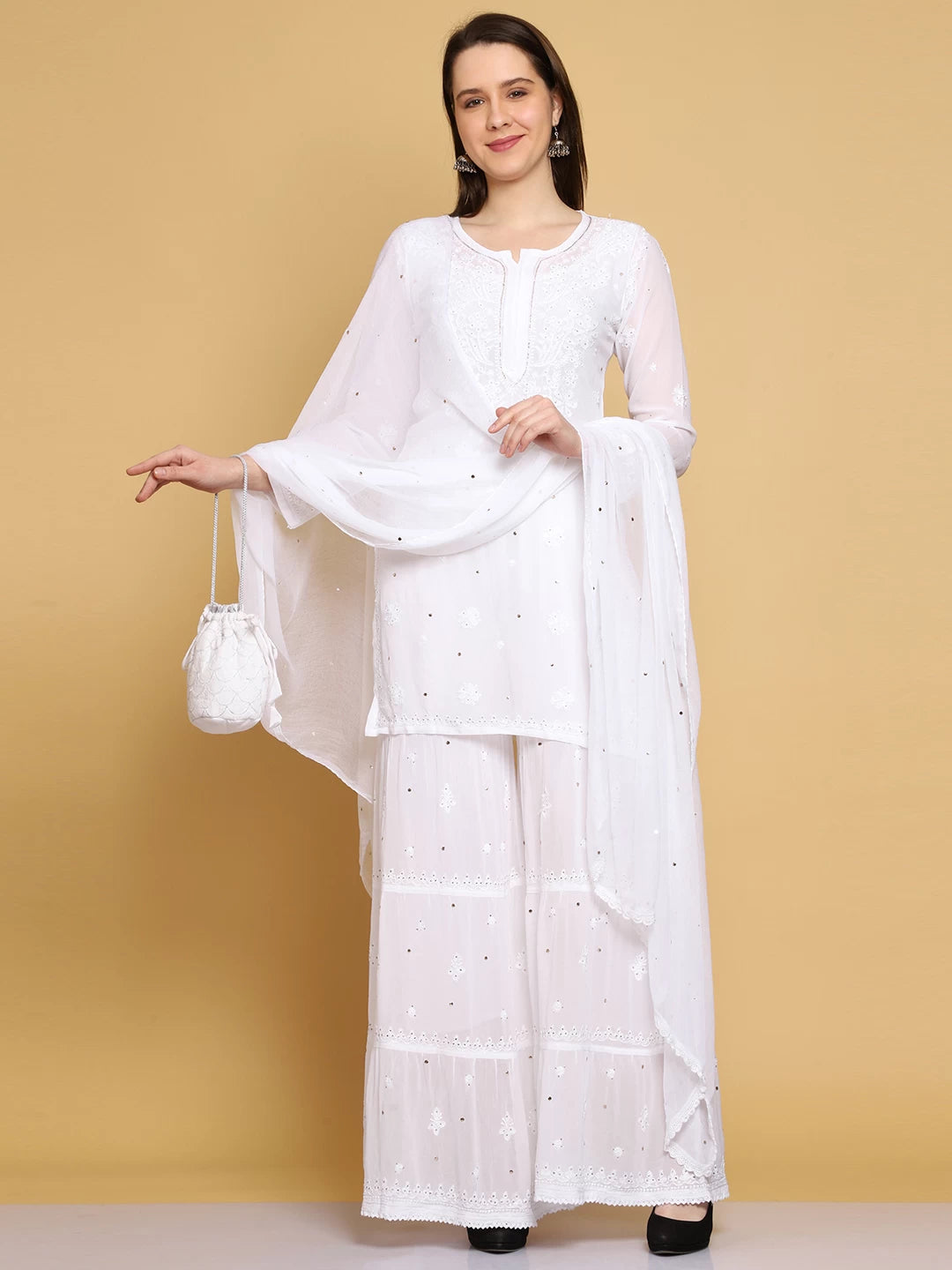Ada Hand Embroidered Viscose Georgette Lucknowi Chikankari White Straight Kurta Dupatta And Sharara Set With Muqaish Work A811228