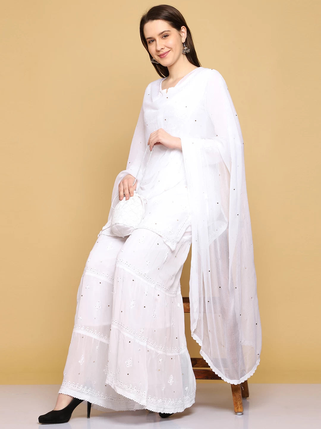 Ada Hand Embroidered Viscose Georgette Lucknowi Chikankari White Straight Kurta Dupatta And Sharara Set With Muqaish Work A811228