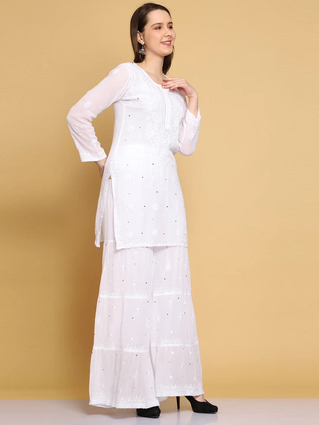 Ada Hand Embroidered Viscose Georgette Lucknowi Chikankari White Straight Kurta Dupatta And Sharara Set With Muqaish Work A811228