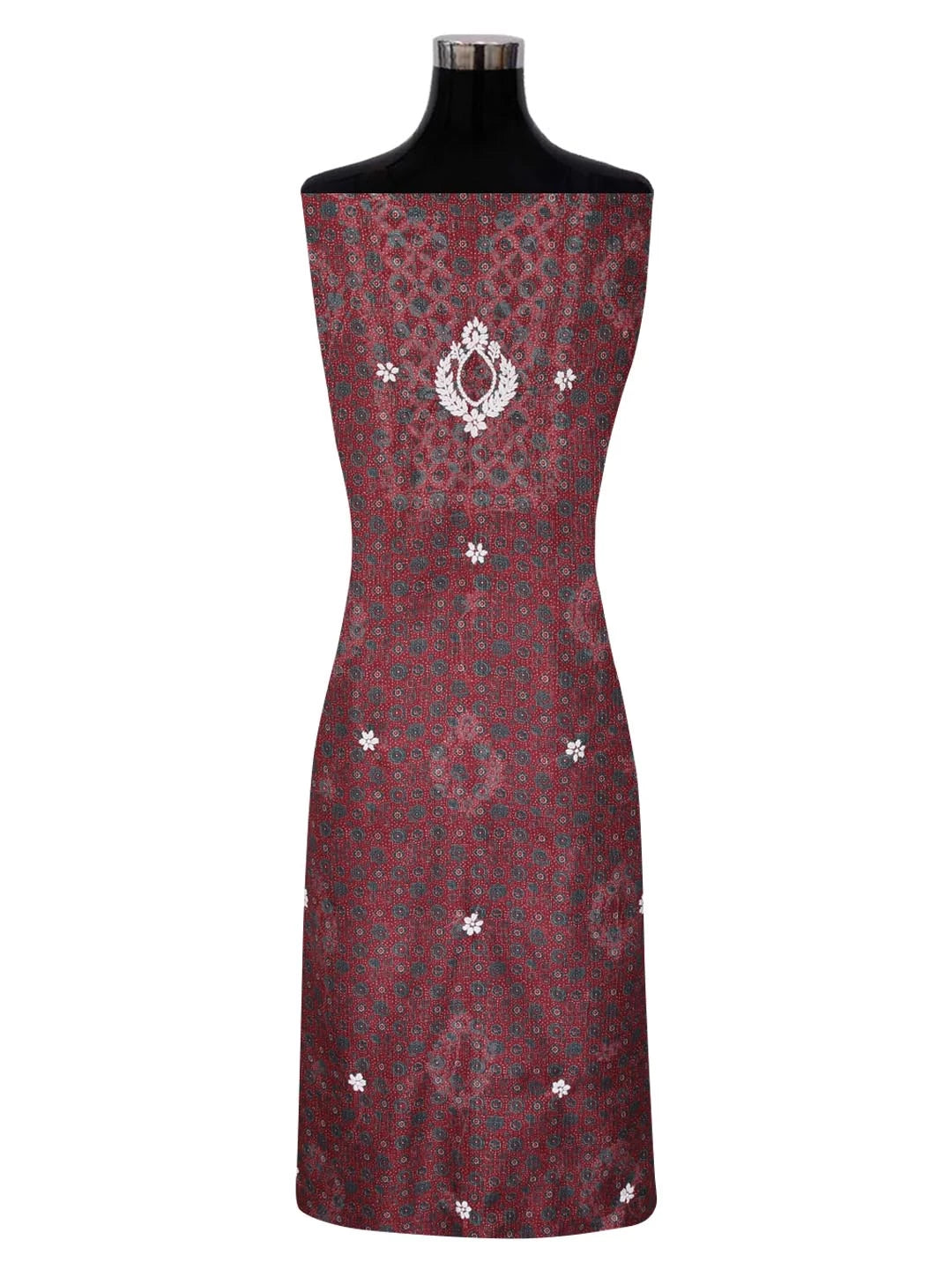 Ada Hand Embroidered Maroon Floral Printed Kota Lucknowi Chikankari Unstitched Kurta Piece 01A349797