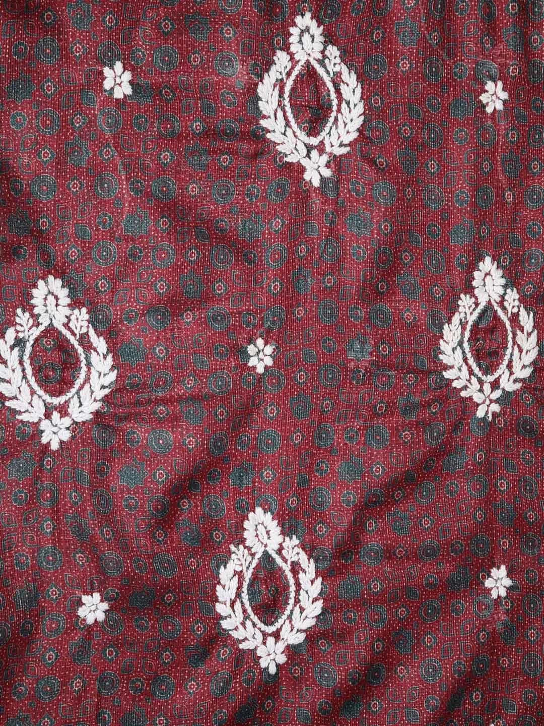 Ada Hand Embroidered Maroon Floral Printed Kota Lucknowi Chikankari Unstitched Kurta Piece 01A349797