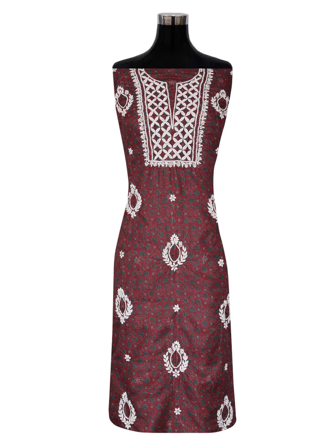 Ada Hand Embroidered Maroon Floral Printed Kota Lucknowi Chikankari Unstitched Kurta Piece 01A349797