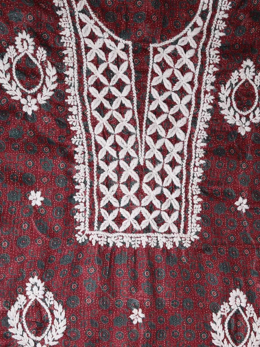Ada Hand Embroidered Maroon Floral Printed Kota Lucknowi Chikankari Unstitched Kurta Piece 01A349797