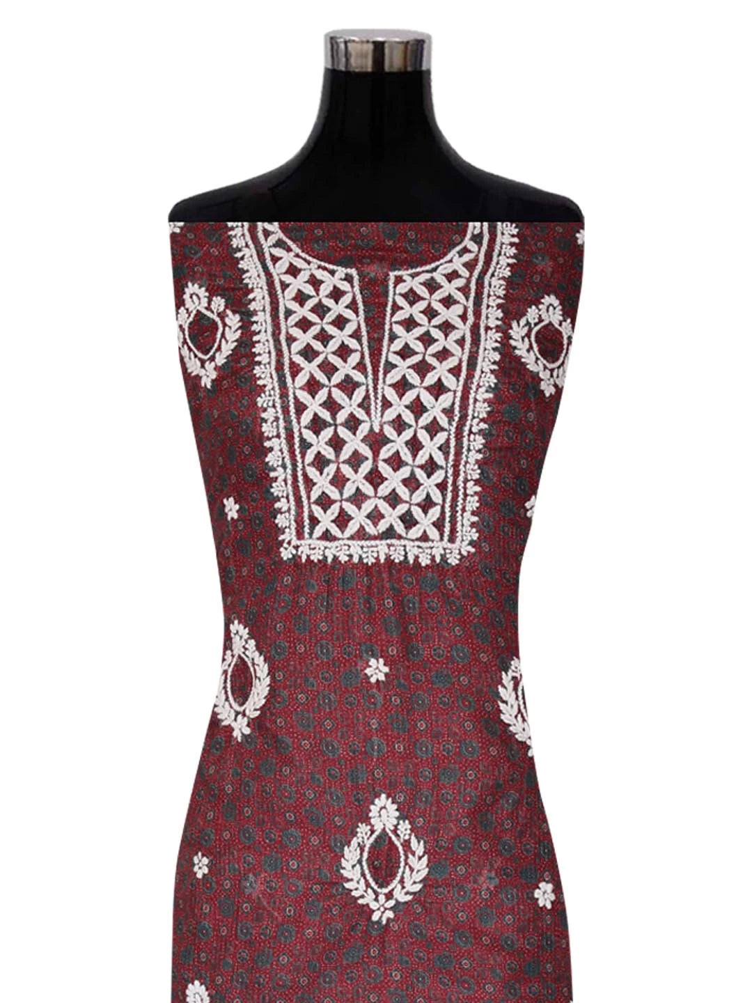 Ada Hand Embroidered Maroon Floral Printed Kota Lucknowi Chikankari Unstitched Kurta Piece 01A349797