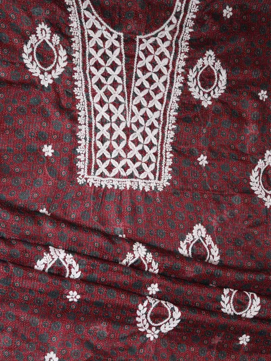 Ada Hand Embroidered Maroon Floral Printed Kota Lucknowi Chikankari Unstitched Kurta Piece 01A349797