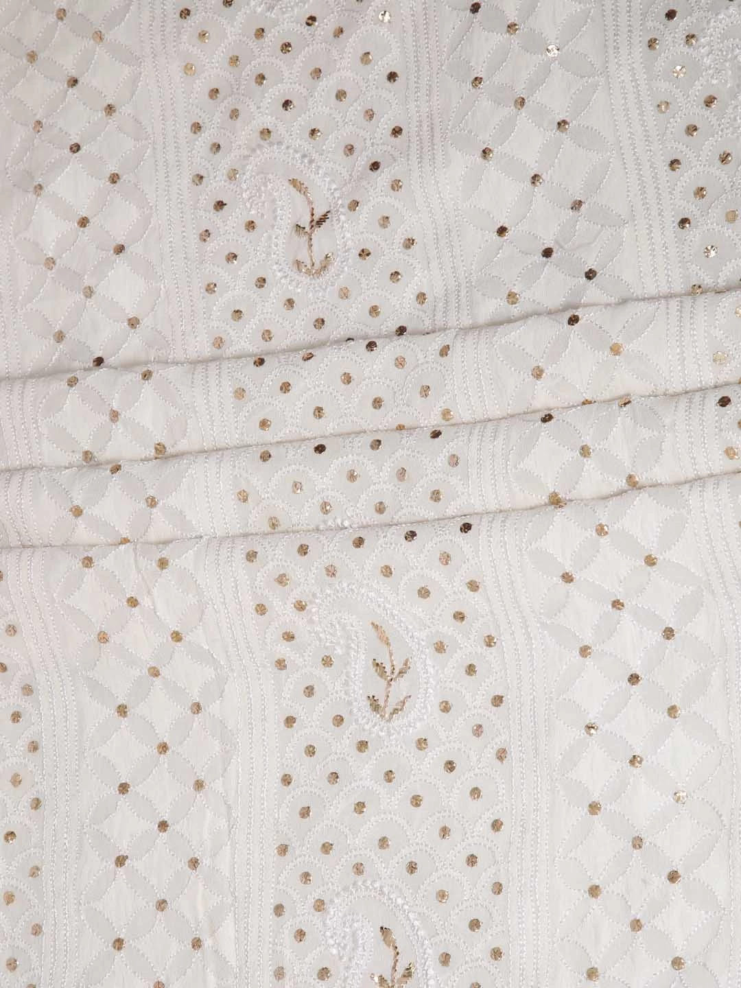Ada Hand Embroidered Off White Pure Georgette Lucknowi Chikankari Unstitched Kurta Dupatta Set With Muqaish Work 01A346255