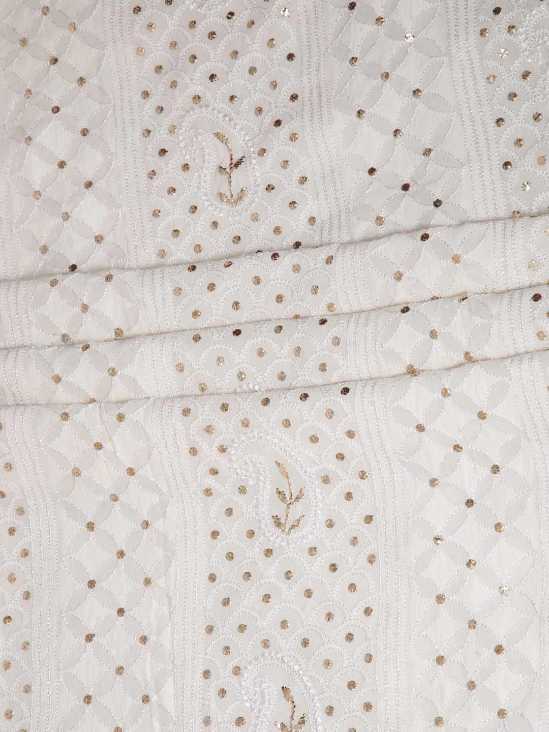 Ada Hand Embroidered Off White Pure Georgette Lucknowi Chikankari Unstitched Kurta Dupatta Set With Muqaish Work 01A346255