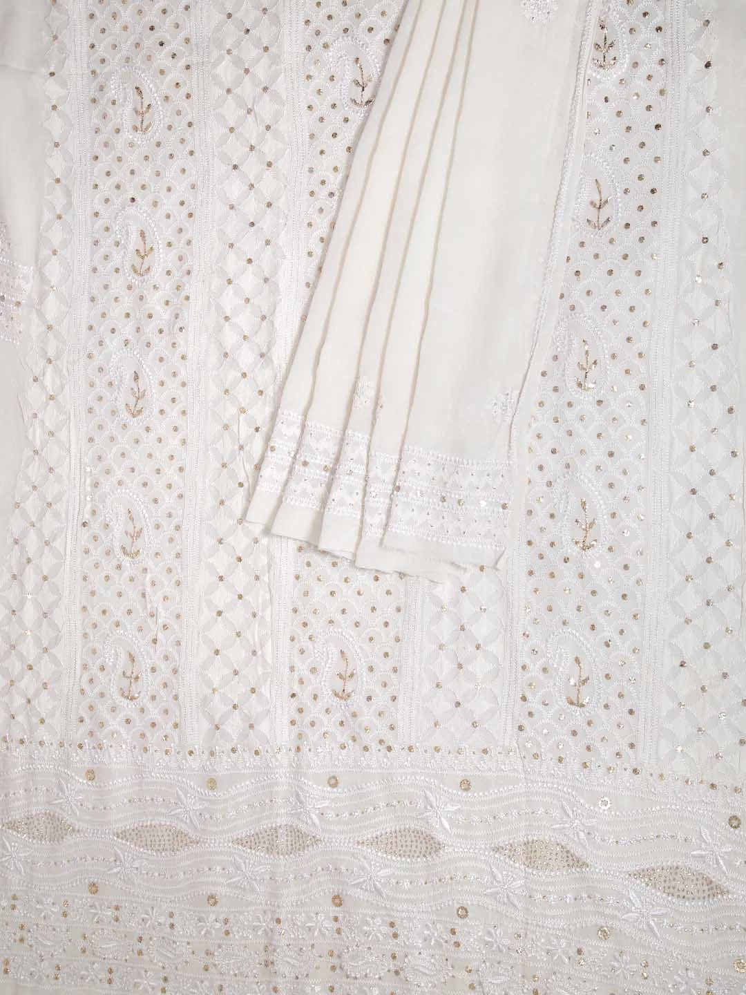 Ada Hand Embroidered Off White Pure Georgette Lucknowi Chikankari Unstitched Kurta Dupatta Set With Muqaish Work 01A346255