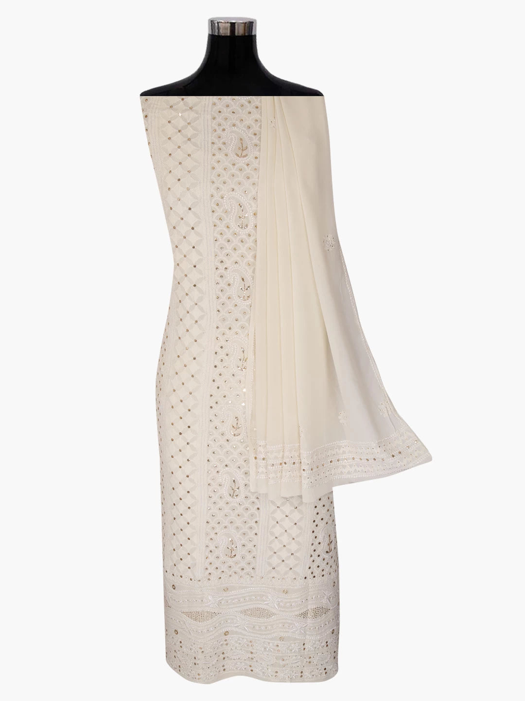 Ada Hand Embroidered Off White Pure Georgette Lucknowi Chikankari Unstitched Kurta Dupatta Set With Muqaish Work 01A346255