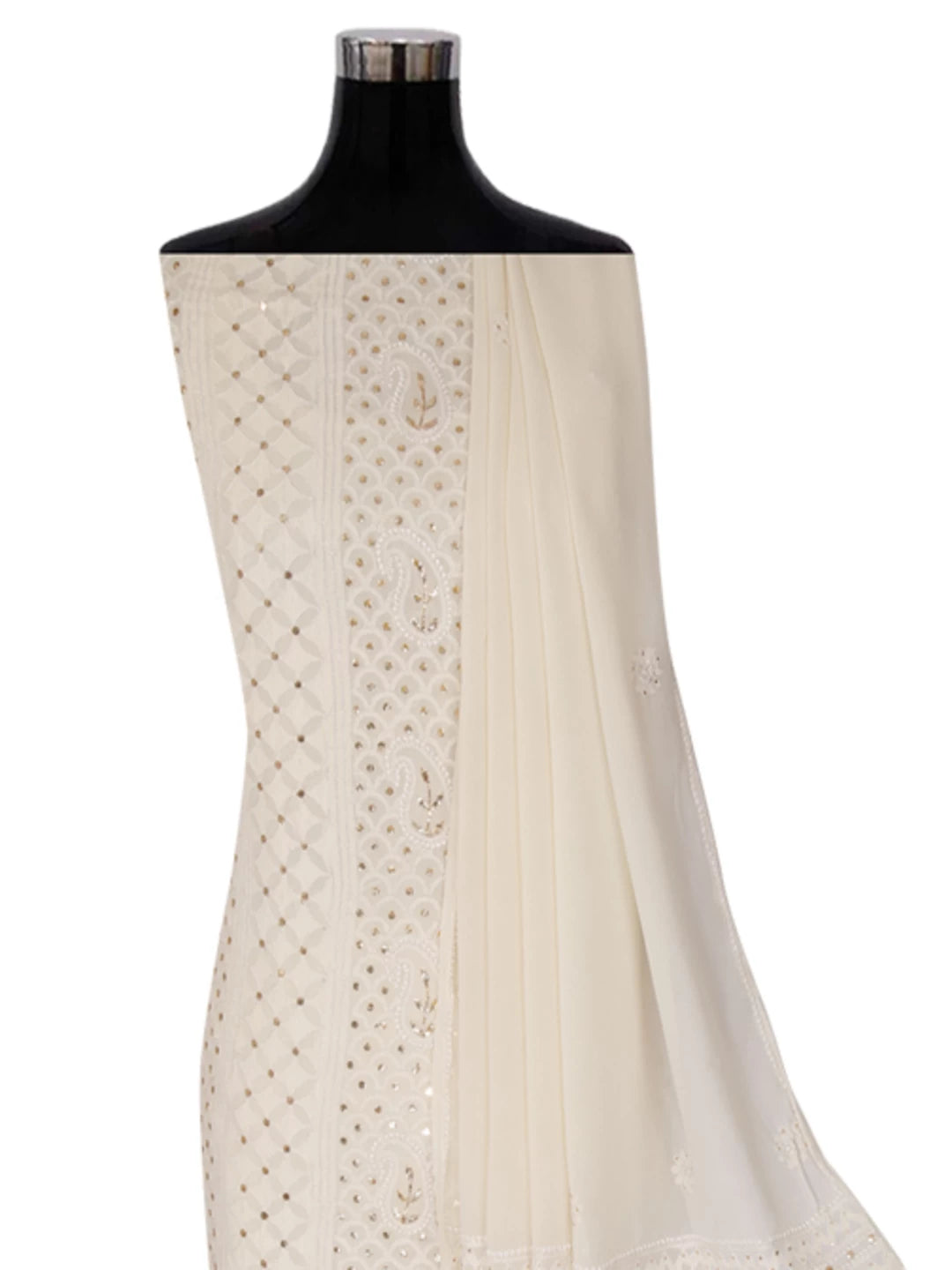 Ada Hand Embroidered Off White Pure Georgette Lucknowi Chikankari Unstitched Kurta Dupatta Set With Muqaish Work 01A346255