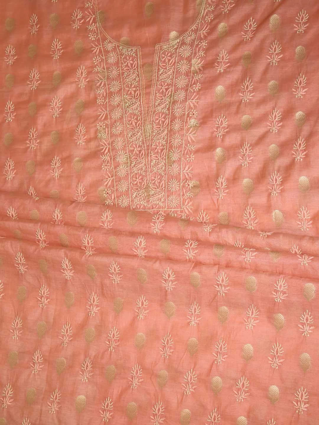 Ada Hand Embroidered Peach Chanderi Lucknowi Chikankari Unstitched Suit Piece 01A322797