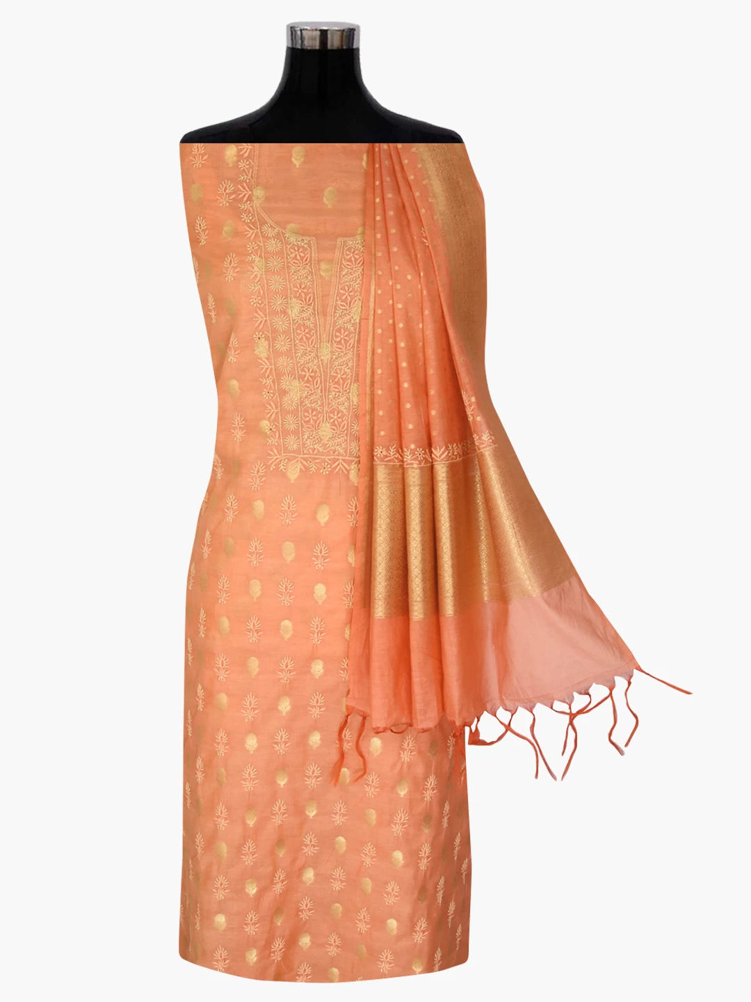 Ada Hand Embroidered Peach Chanderi Lucknowi Chikankari Unstitched Suit Piece 01A322797