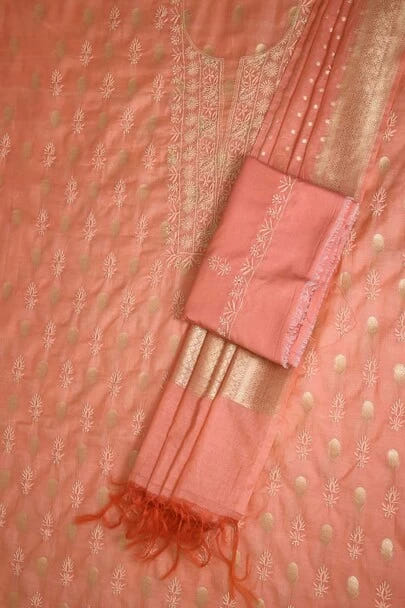 Ada Hand Embroidered Peach Chanderi Lucknowi Chikankari Unstitched Suit Piece 01A322797