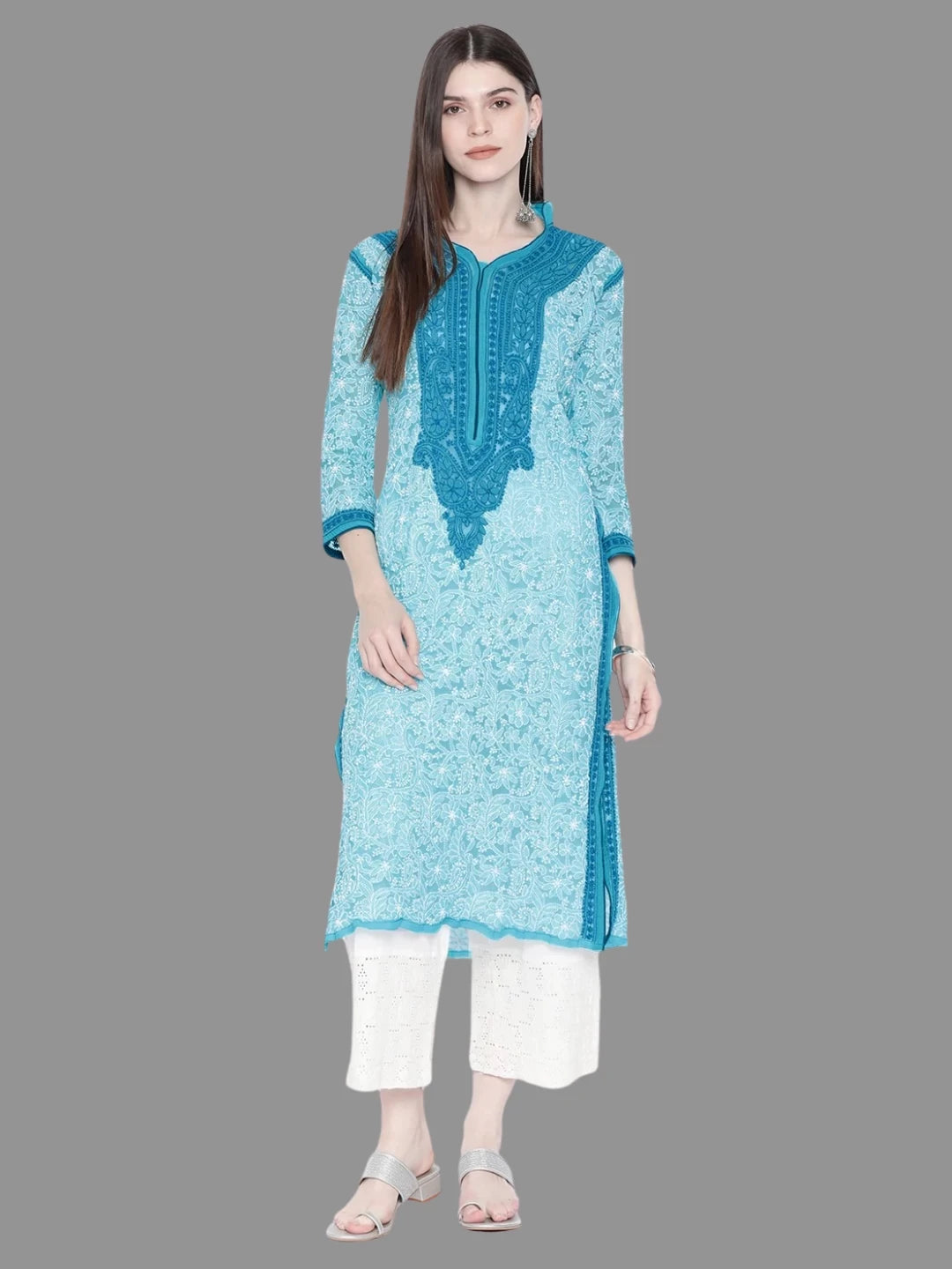 Ada Hand Embroidered Blue Georgette Lucknowi Chikankari Kurta A237435
