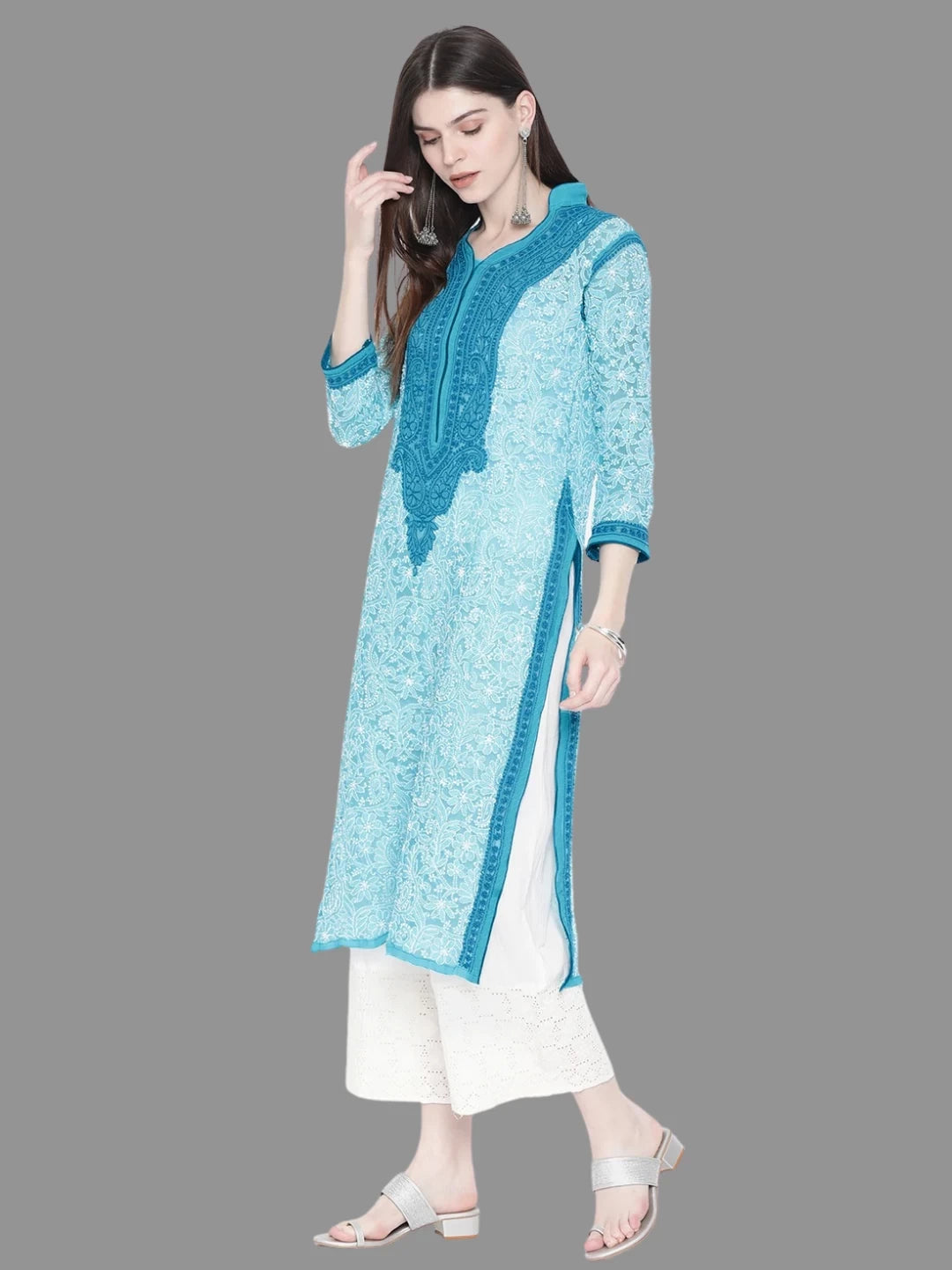 Ada Hand Embroidered Blue Georgette Lucknowi Chikankari Kurta A237435