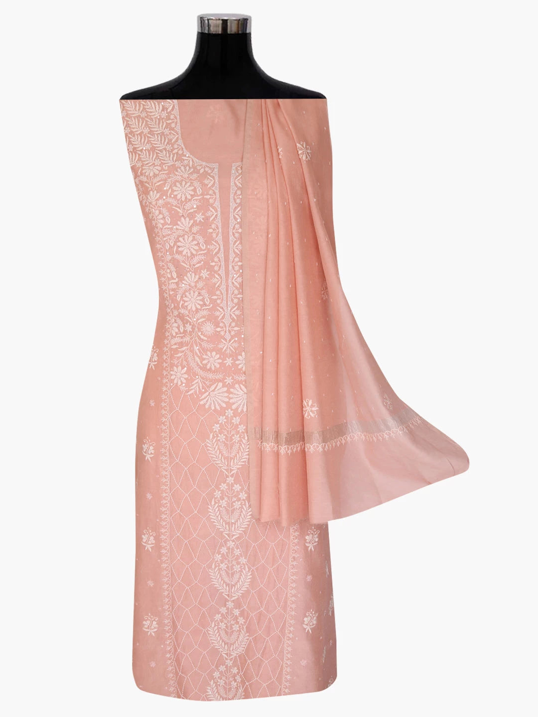 Ada Hand Embroidered Peach Tissue Lucknowi Chikankari Semi-stitched Kurta Dupatta Set With Pearl Work 01A345122