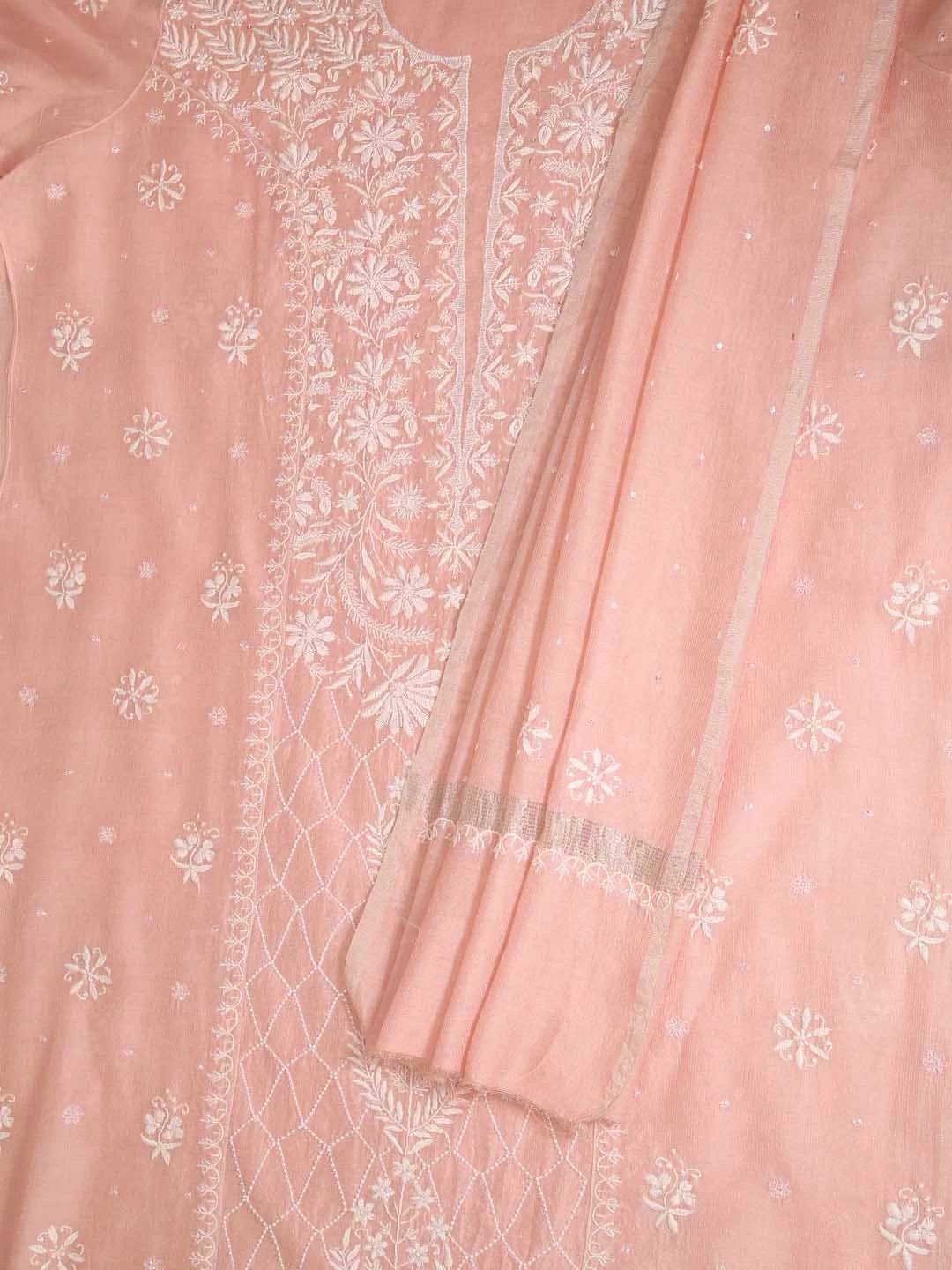 Ada Hand Embroidered Peach Tissue Lucknowi Chikankari Semi-stitched Kurta Dupatta Set With Pearl Work 01A345122