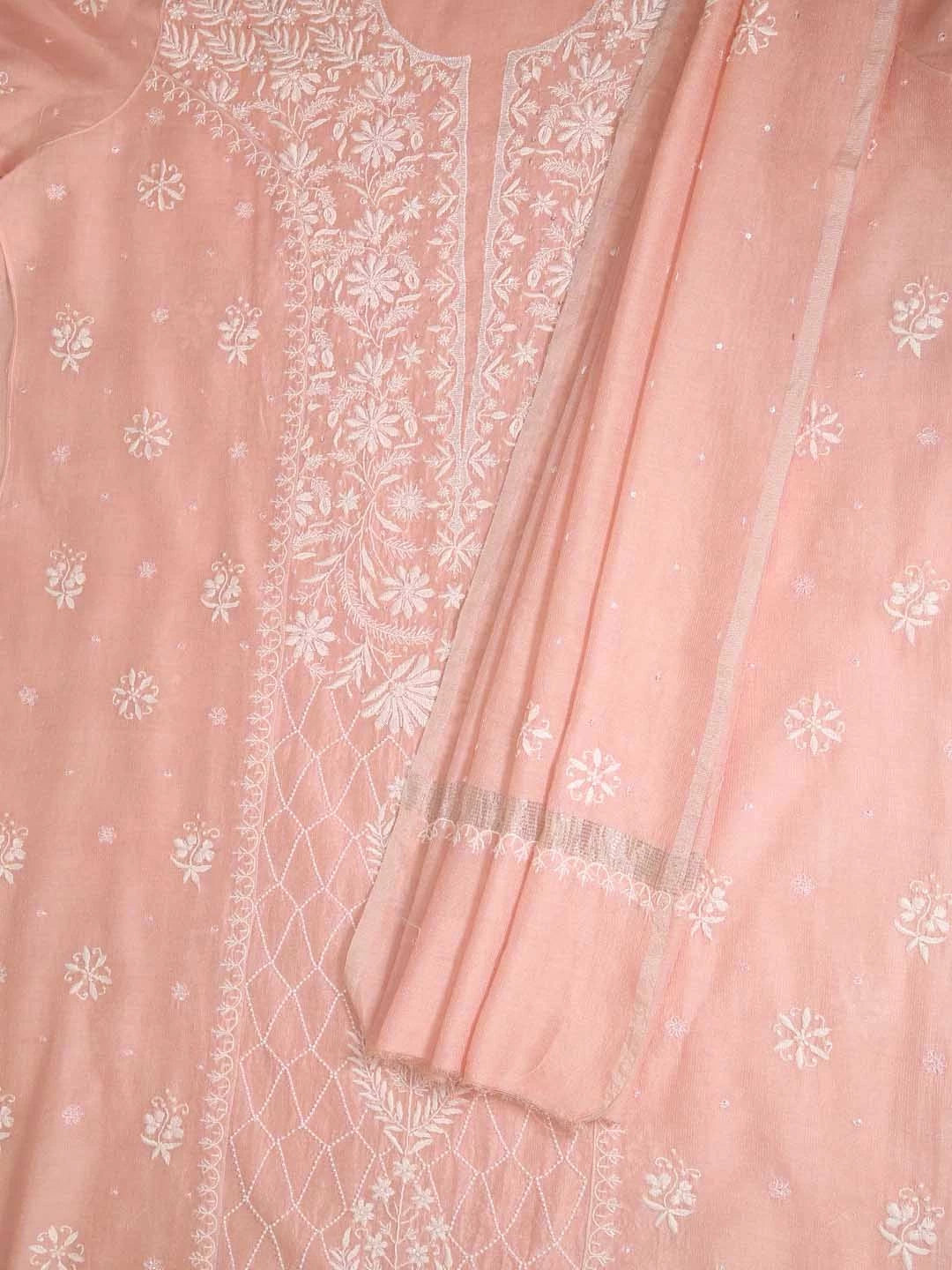 Ada Hand Embroidered Peach Tissue Lucknowi Chikankari Semi-stitched Kurta Dupatta Set With Pearl Work 01A345122