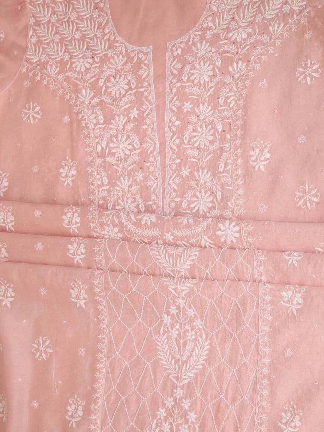 Ada Hand Embroidered Peach Tissue Lucknowi Chikankari Semi-stitched Kurta Dupatta Set With Pearl Work 01A345122