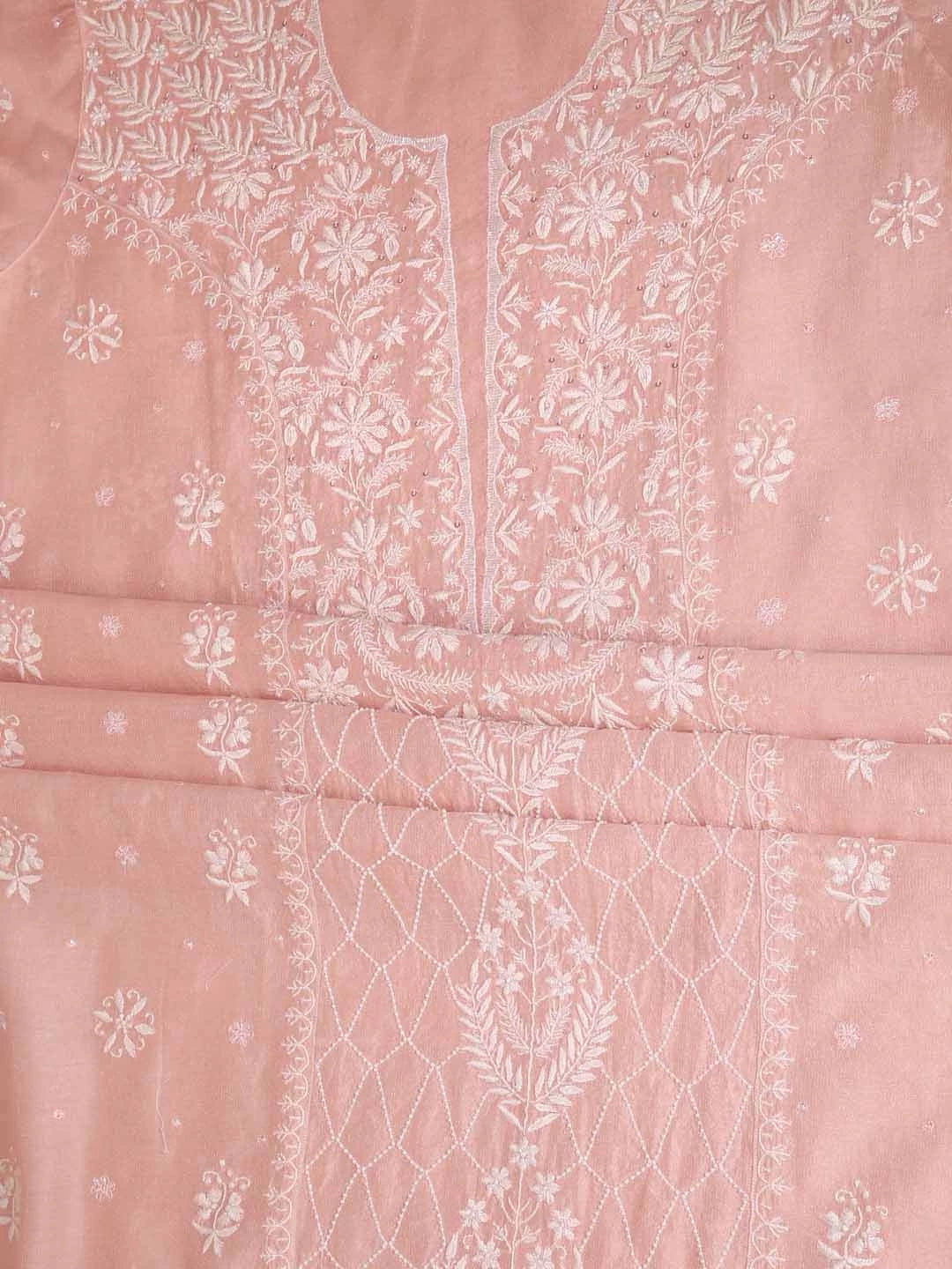 Ada Hand Embroidered Peach Tissue Lucknowi Chikankari Semi-stitched Kurta Dupatta Set With Pearl Work 01A345122