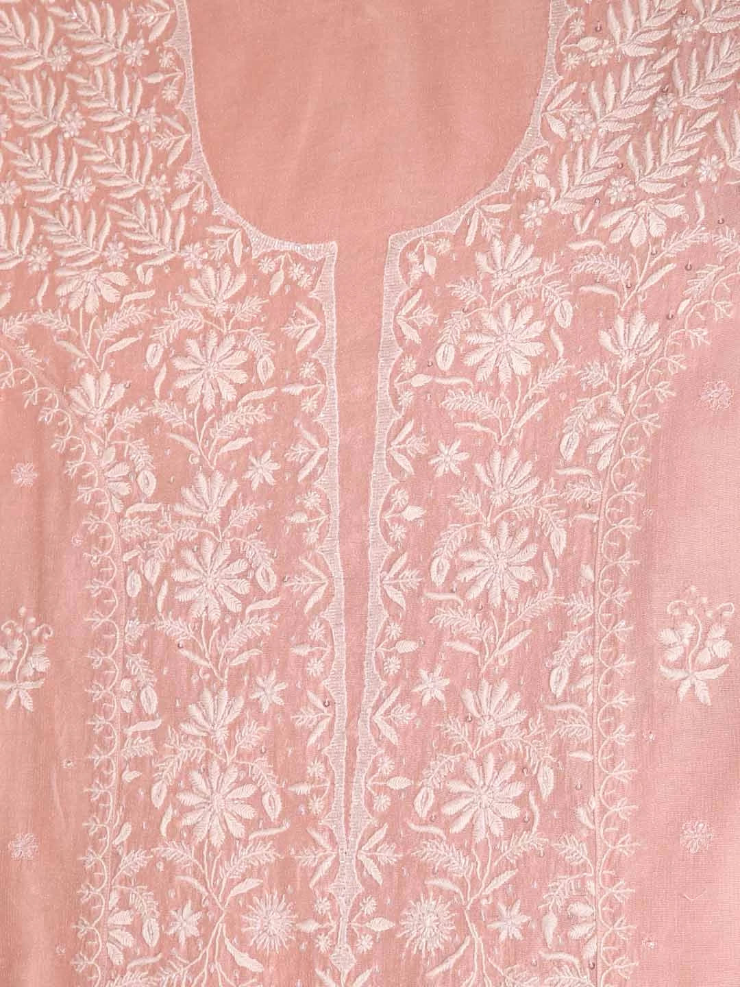 Ada Hand Embroidered Peach Tissue Lucknowi Chikankari Semi-stitched Kurta Dupatta Set With Pearl Work 01A345122