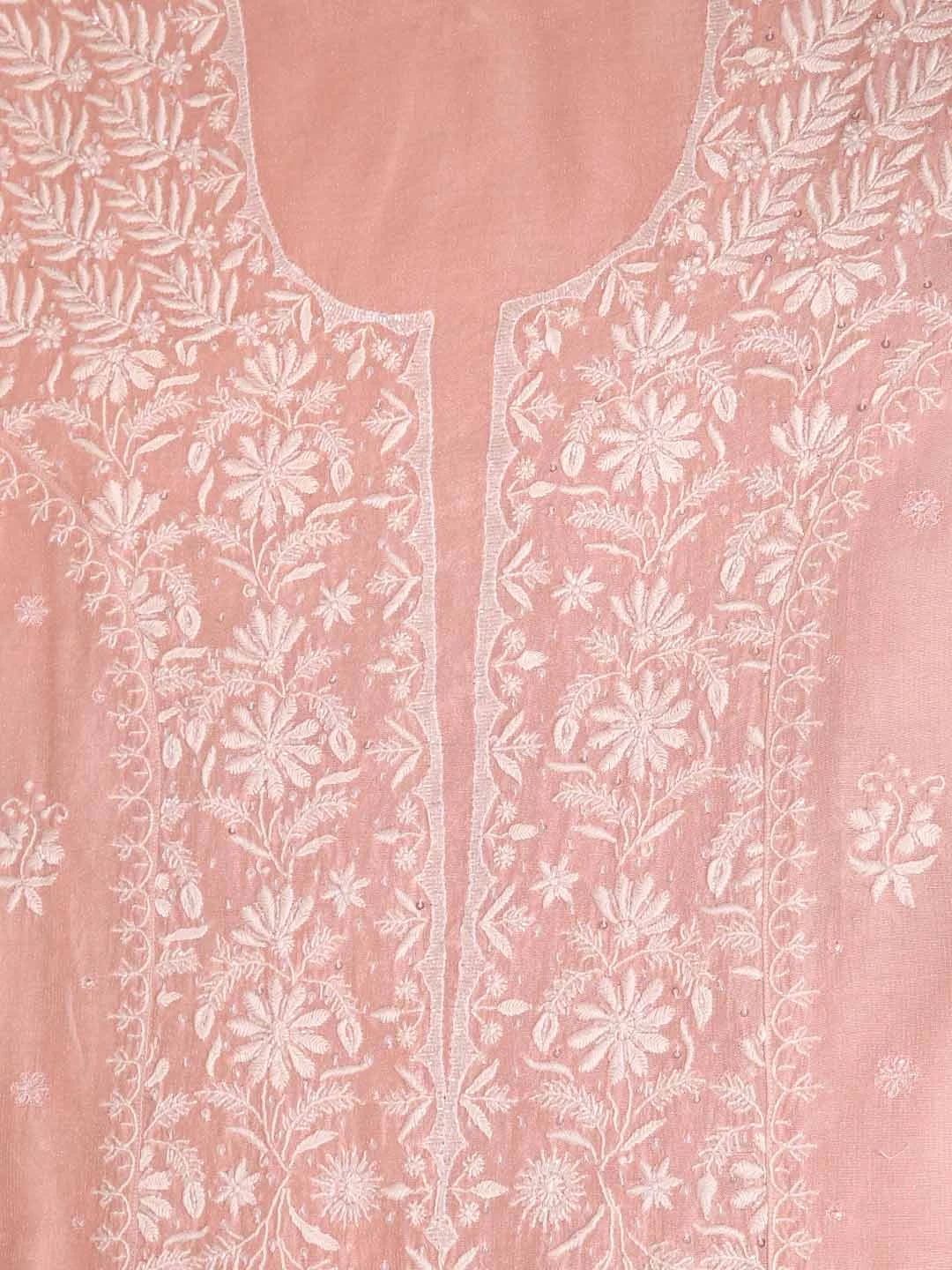 Ada Hand Embroidered Peach Tissue Lucknowi Chikankari Semi-stitched Kurta Dupatta Set With Pearl Work 01A345122