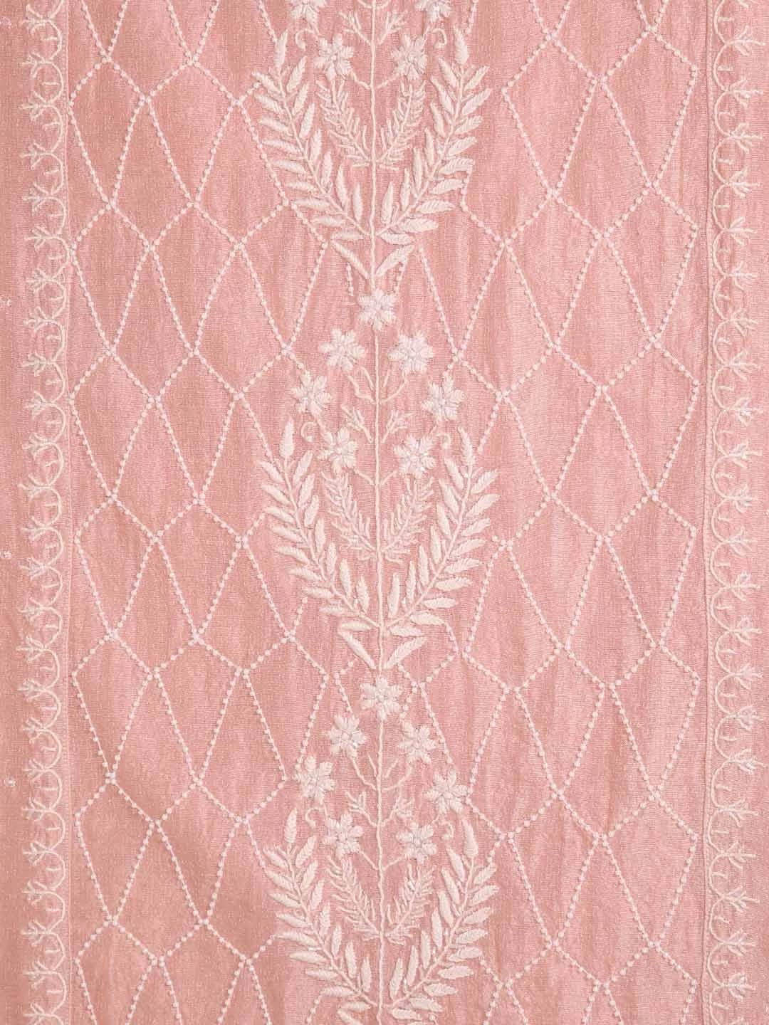 Ada Hand Embroidered Peach Tissue Lucknowi Chikankari Semi-stitched Kurta Dupatta Set With Pearl Work 01A345122