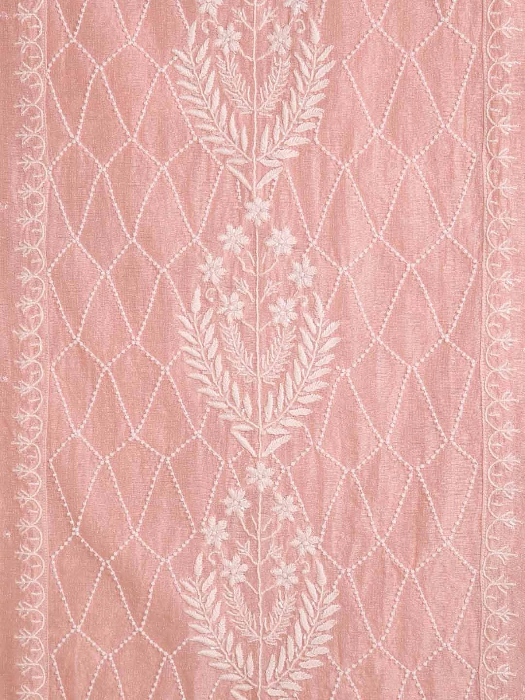 Ada Hand Embroidered Peach Tissue Lucknowi Chikankari Semi-stitched Kurta Dupatta Set With Pearl Work 01A345122