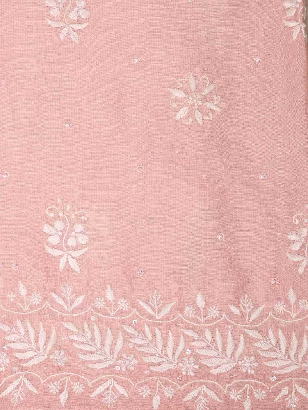Ada Hand Embroidered Peach Tissue Lucknowi Chikankari Semi-stitched Kurta Dupatta Set With Pearl Work 01A345122