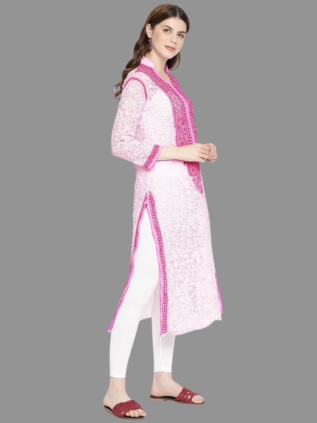 Ada Hand Embroidered Pink Georgette Lucknowi Chikankari Straight Kurta A237421