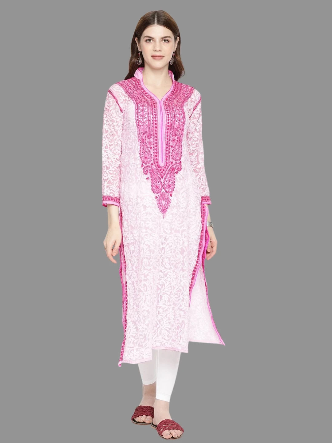 Ada Hand Embroidered Pink Georgette Lucknowi Chikankari Straight Kurta A237421
