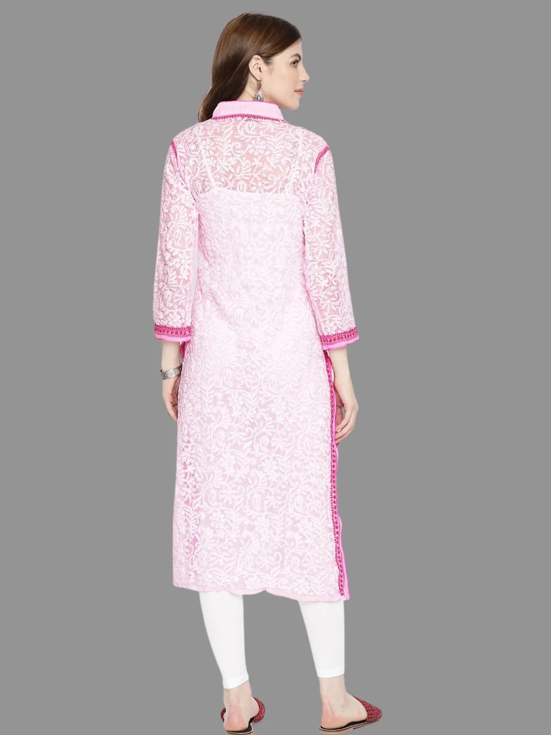Ada Hand Embroidered Pink Georgette Lucknowi Chikankari Straight Kurta A237421